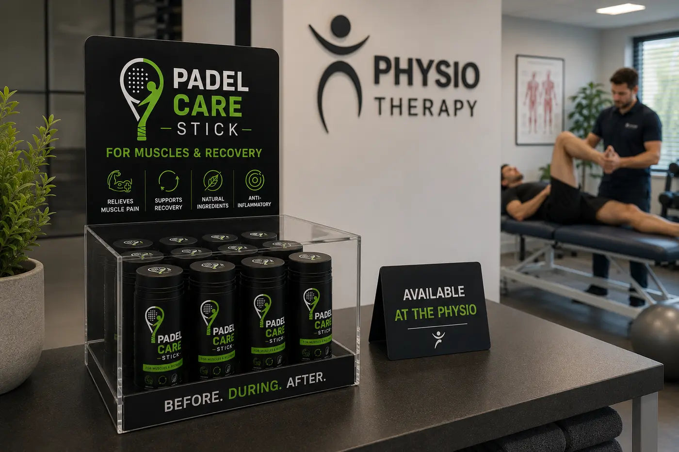GOLF CARE Stick retail display at a physiotherapy practice