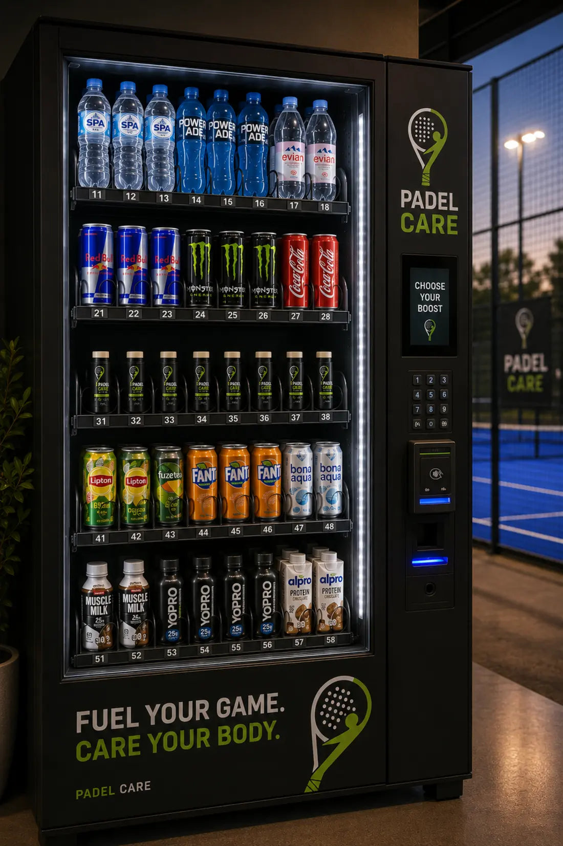 GOLF CARE drinks and recovery vending machine beside a golf court